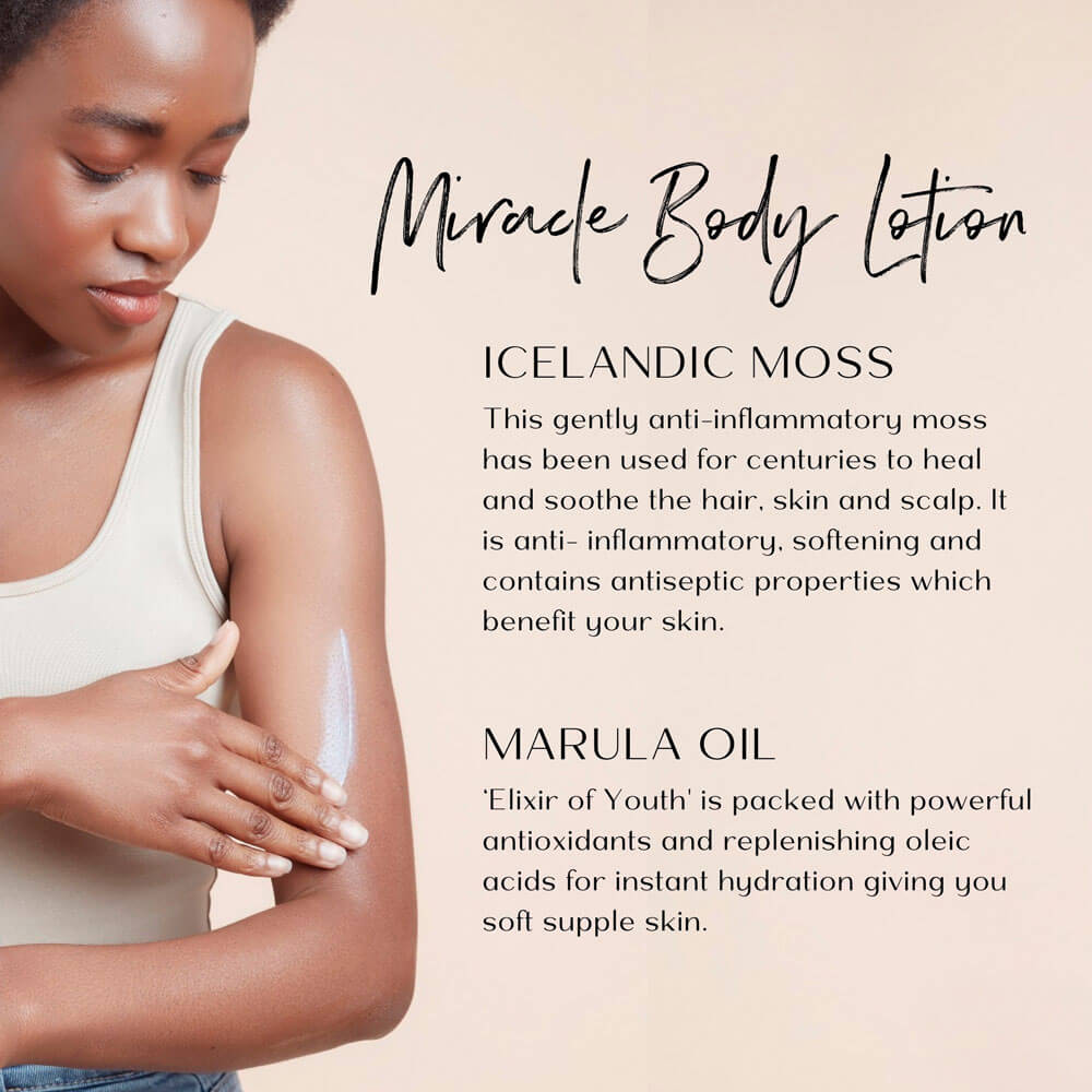 Woman applying lotion on arm with text about Icelandic moss and Marula oil benefits.