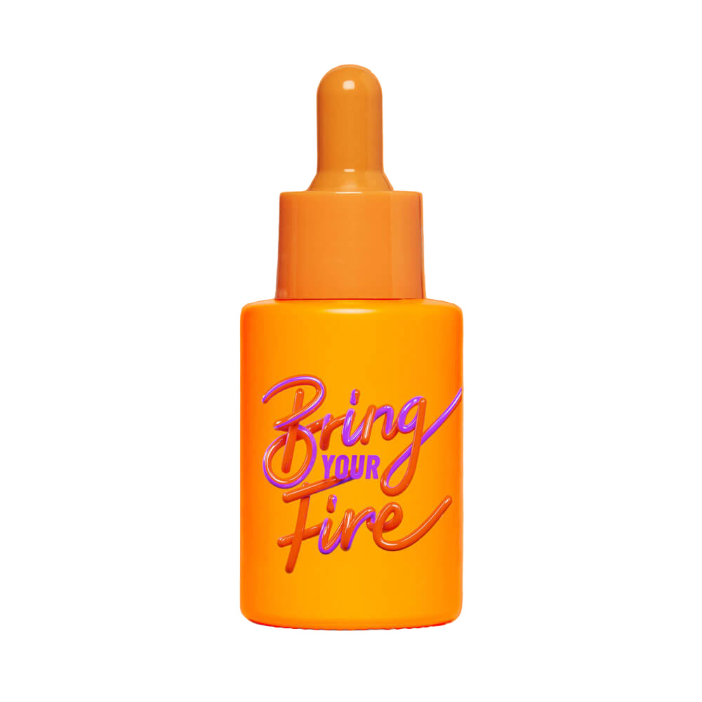 Orange dropper bottle with 'Bring Your Fire' text on a white background