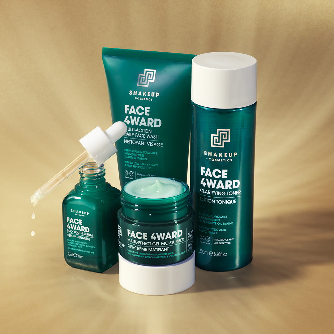 Set of Shakeup Cosmetics Face 4 Ward skincare products on a beige background
