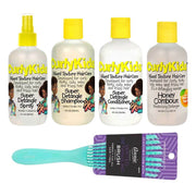 Curly Kids hair care products including shampoo, conditioner, and detangler with a brush on a white background.