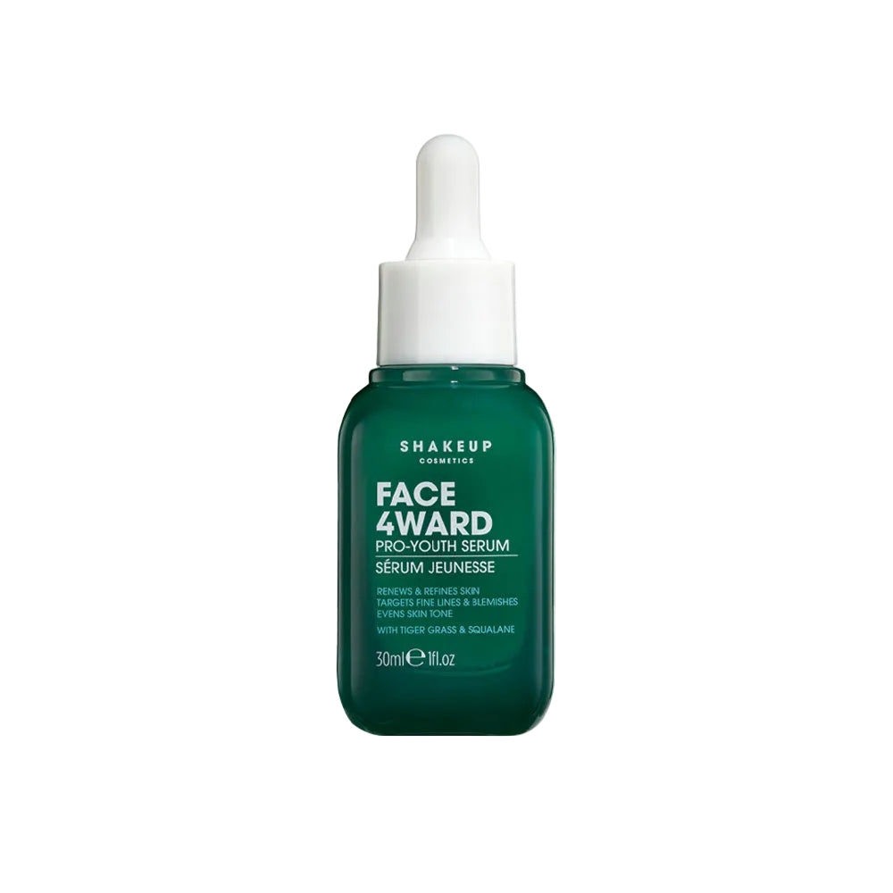 Green skincare serum bottle with dropper on a white background