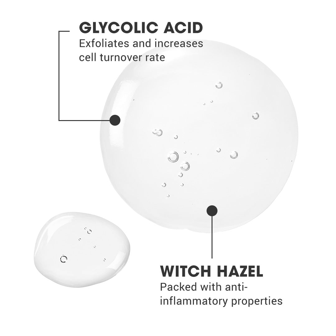 Two droplets of liquid labeled 'Glycolic Acid' and 'Witch Hazel' on a white background.