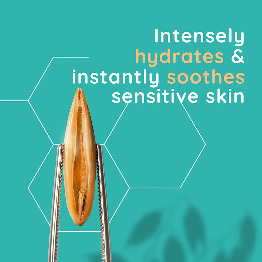 Skincare product with text on a teal background