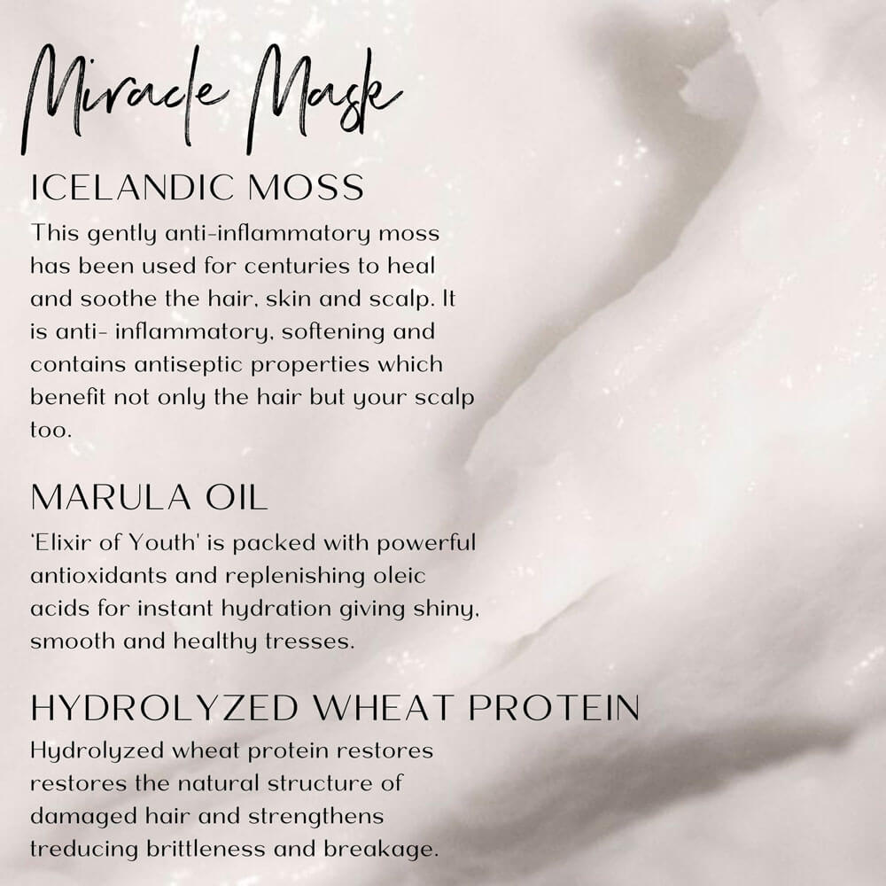 Text detailing ingredients of a hair mask with a close-up of the mask on a white background.