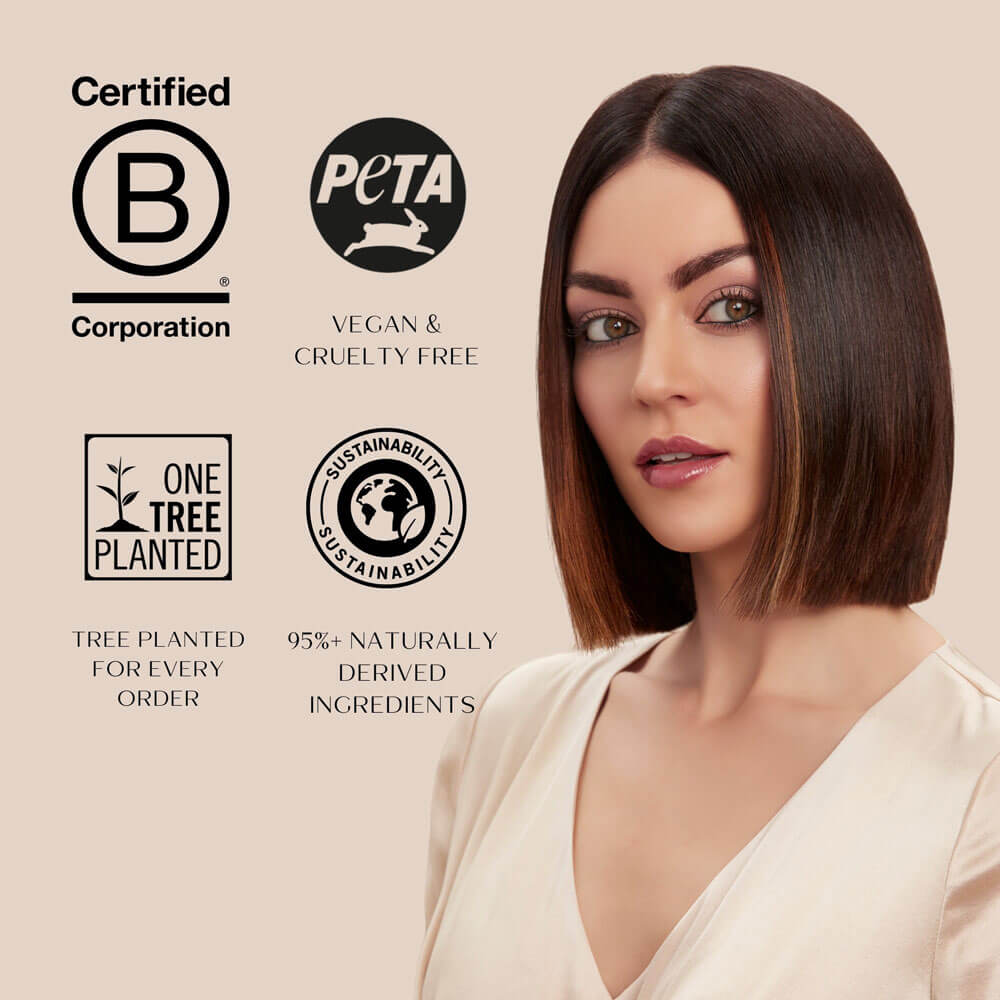 Woman with styled hair and sustainability certification logos on a beige background