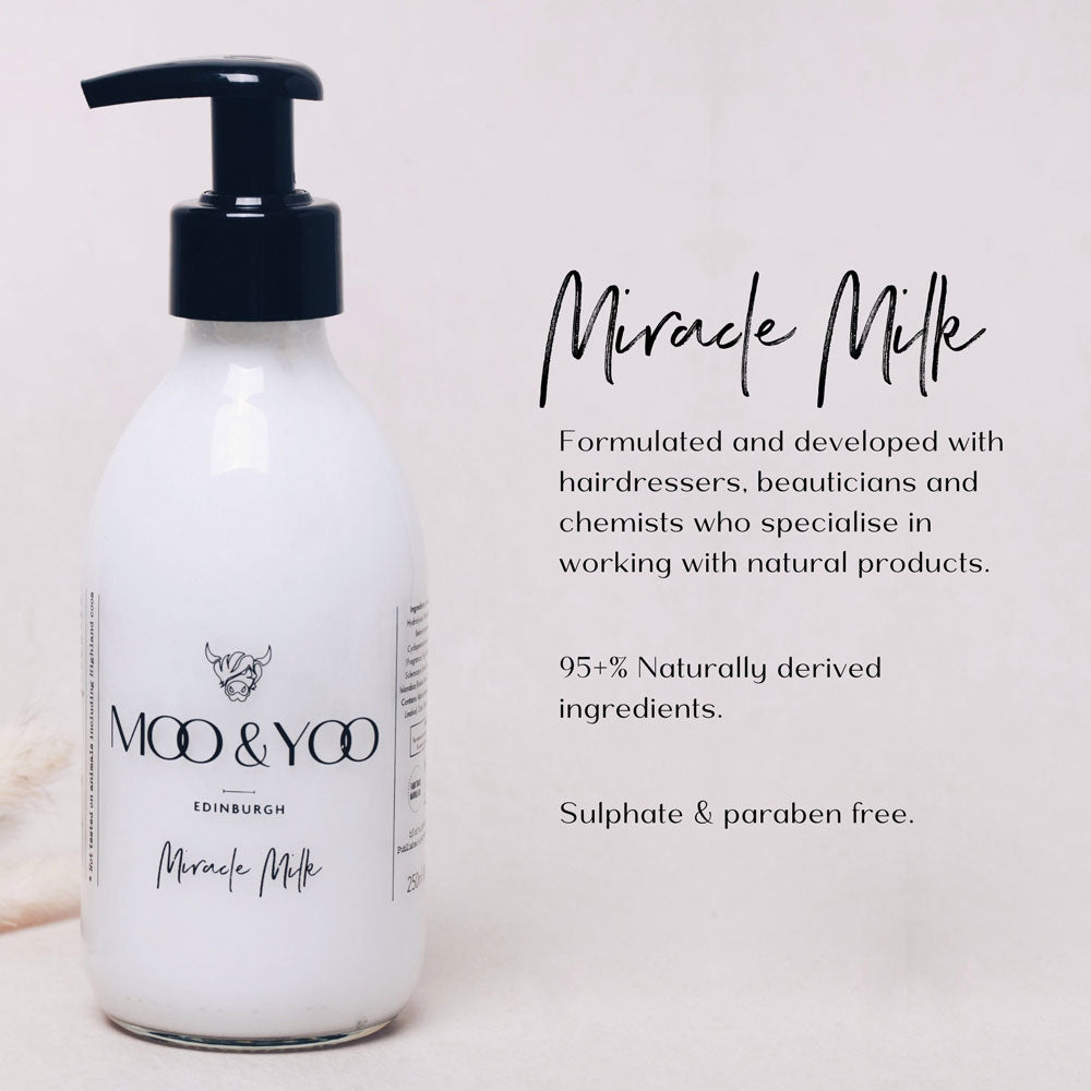 Bottle of Moo & Yoo Miracle Milk with product details on a light background