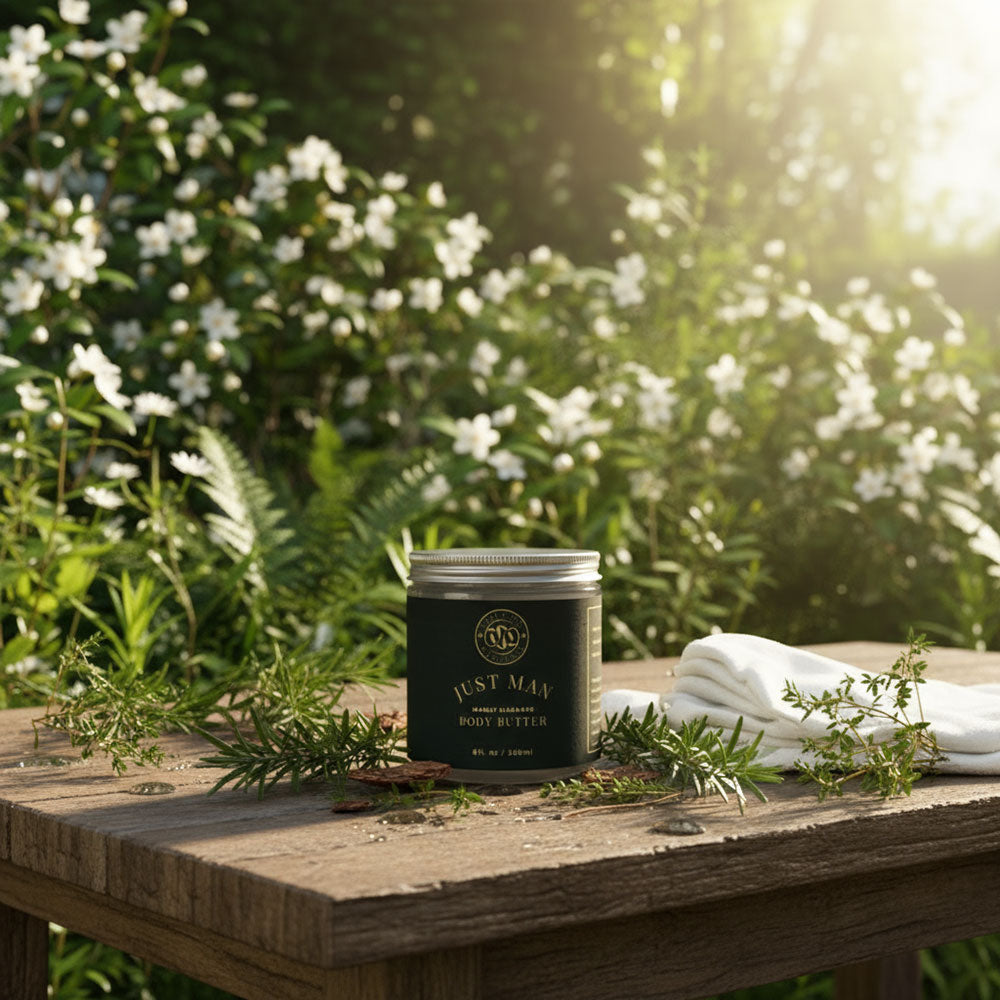 Jar of 'Just Man' body butter on a wooden table with greenery and flowers in the background