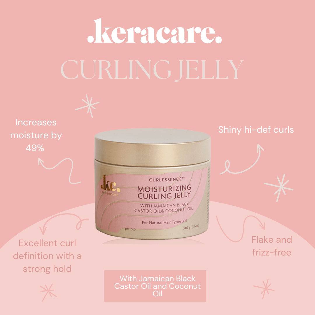 Keracare Curling Jelly container on a pink background with product features listed.