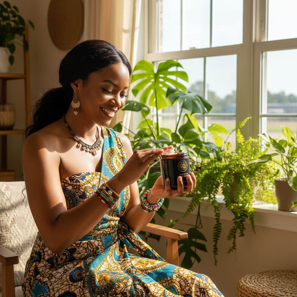 Woman using TallChic Mafura Mystique Luxe Skin Body Butter