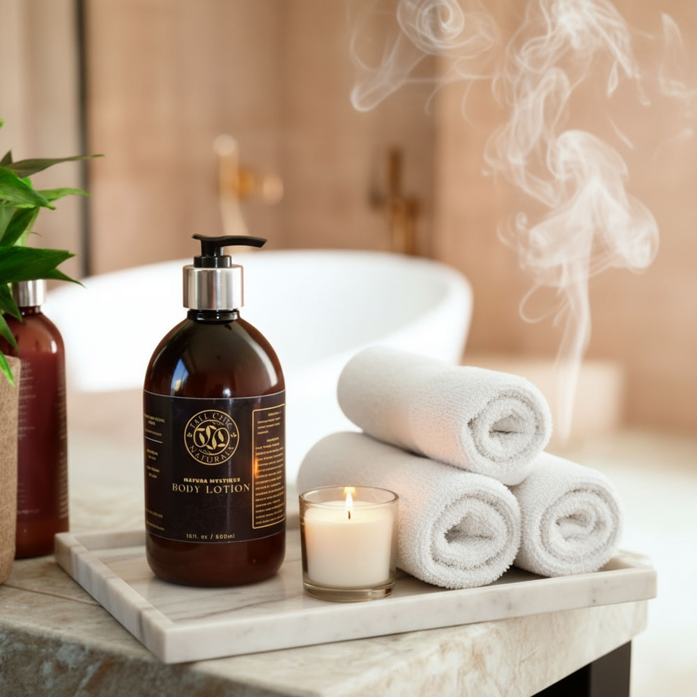 Brown lotion bottle with pump on a marble tray with towels and candle, blurred bathtub in background