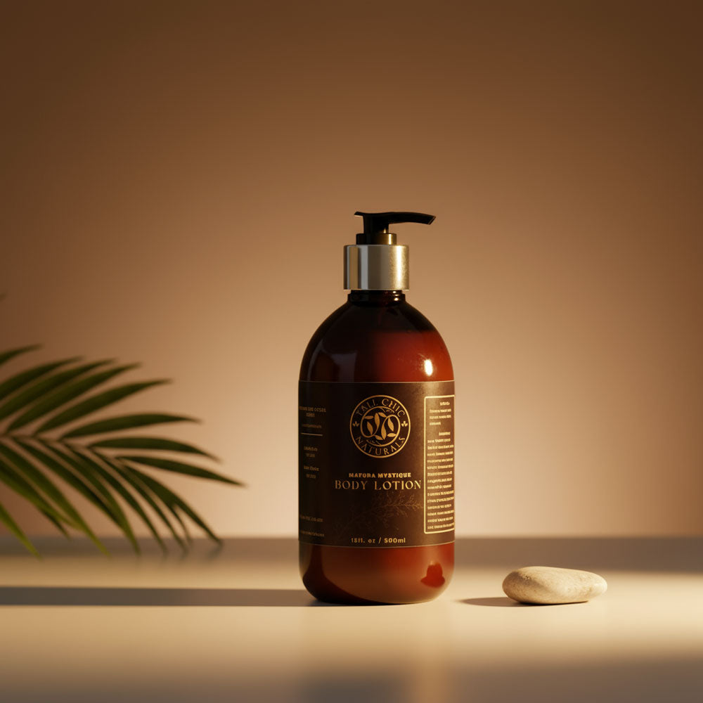 Bottle of body lotion with a label on a neutral background