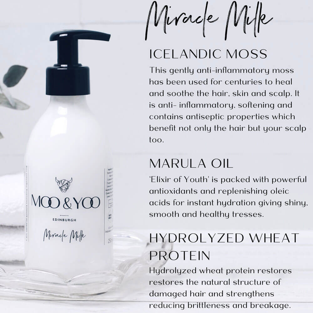 Bottle of 'Moo & Yoo' Miracle Milk with product details on a white background