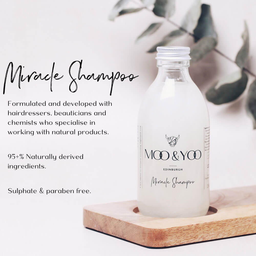 Moo & Yoo Miracle Shampoo bottle on a wooden tray with text about product formulation and ingredients.