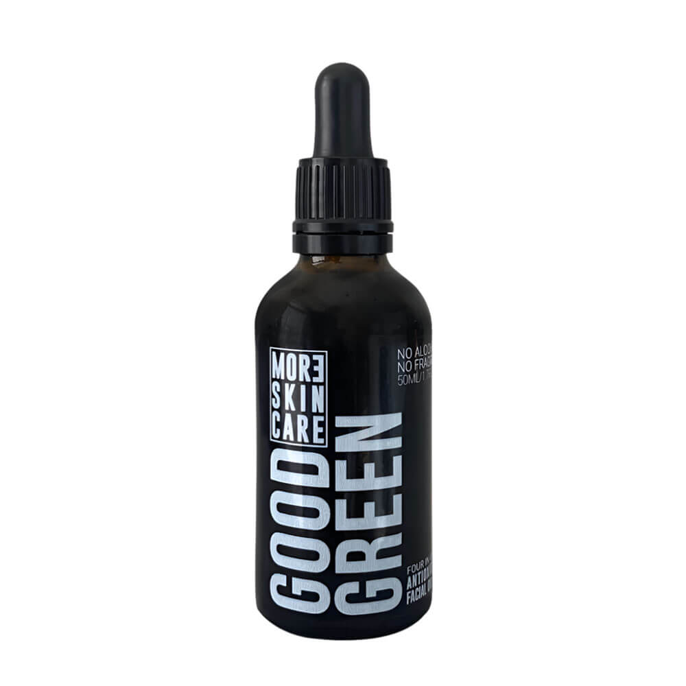 Bottle of 'More Skin Care Good Green' on a white background