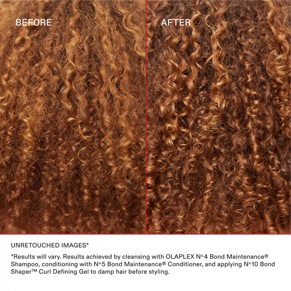 Before and after comparison of curly hair with text about OLAPLEX hair care products.