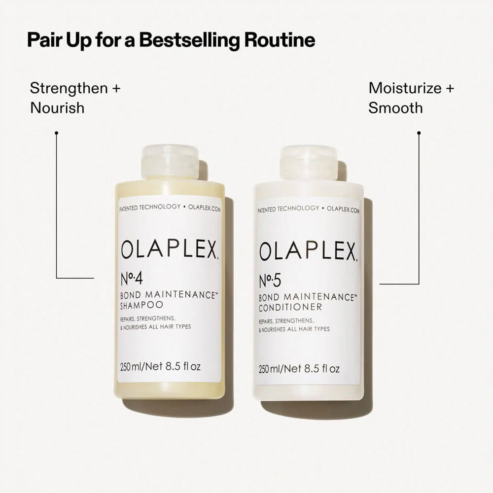 Olaplex shampoo and conditioner bottles with text on a white background