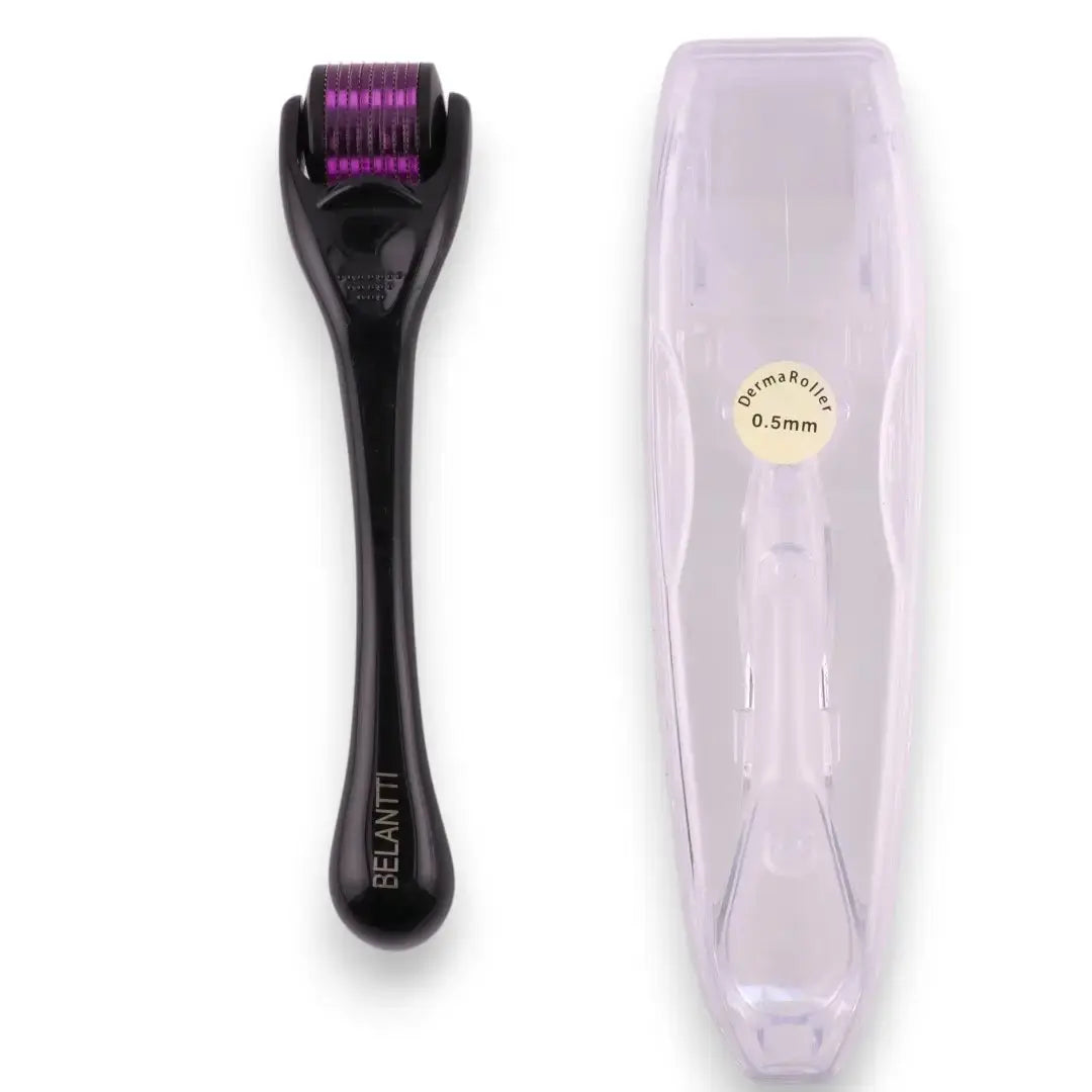 Black derma roller with purple heads and clear carrying case on a white background