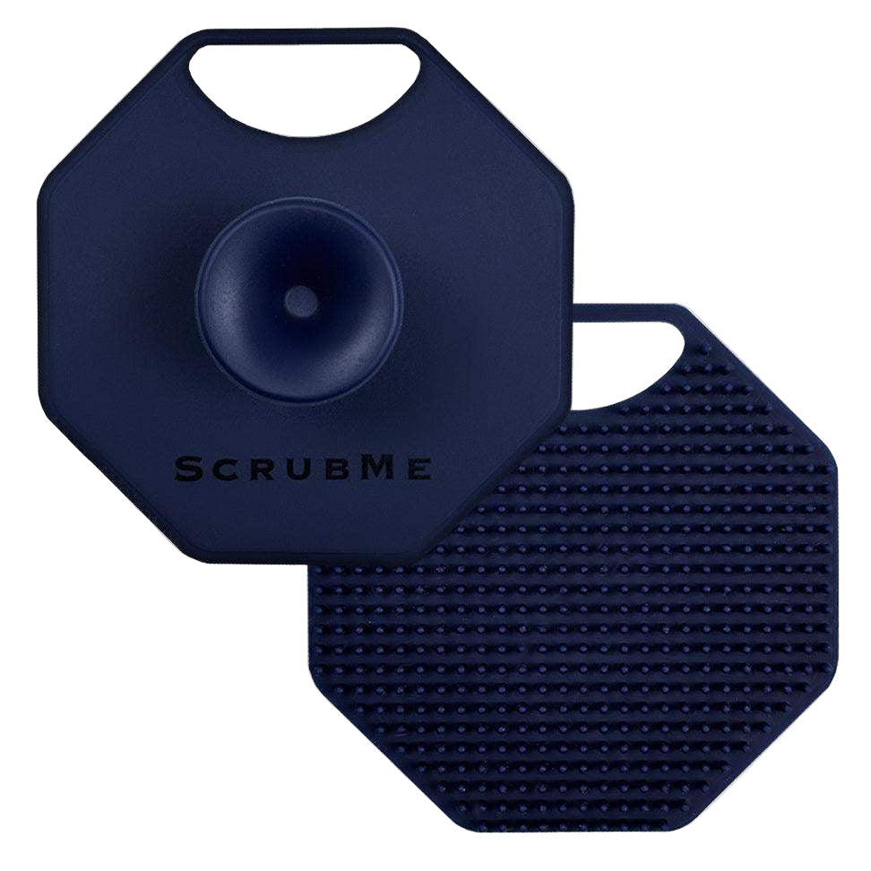 Two navy blue ScrubMe cleaning pads on a white background