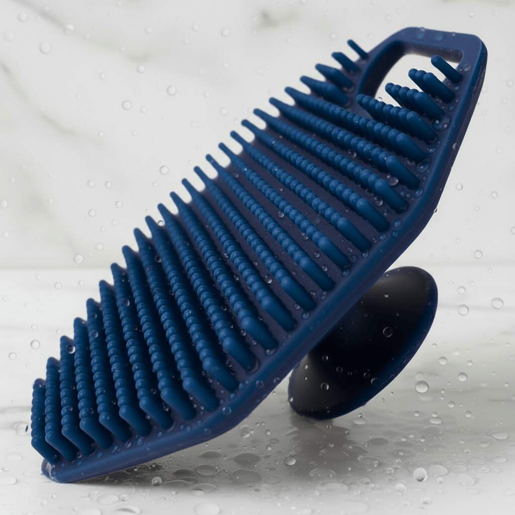 Blue silicone scrubber on a wet surface