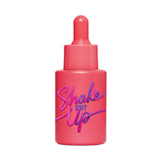 Pink dropper bottle with colorful text on a white background