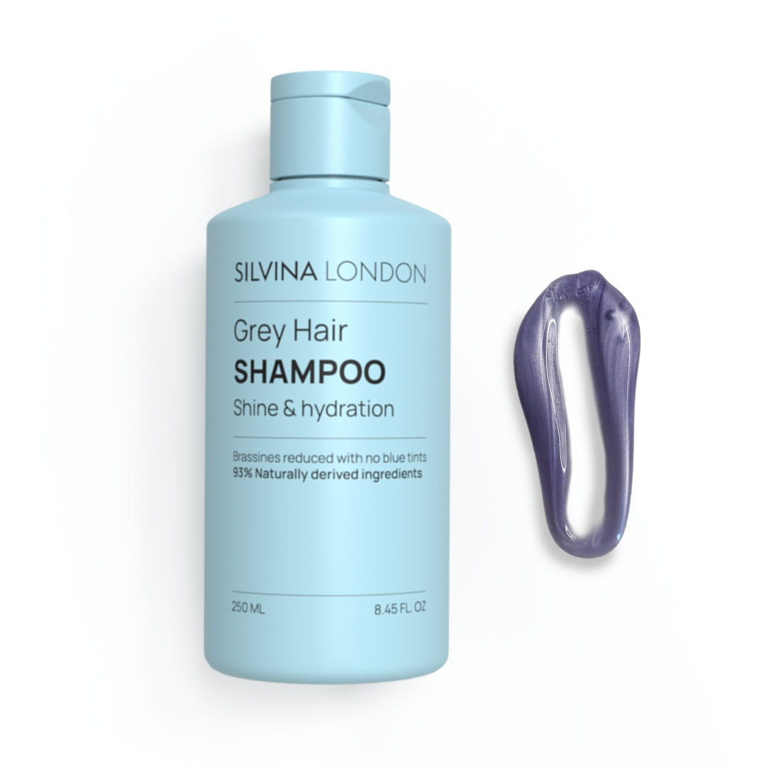 Silvina London Grey Hair Shampoo bottle with a purple shampoo sample on a white background