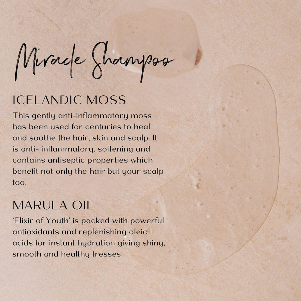Text description of Miracle Shampoo with Icelandic moss and Marula oil on a beige background