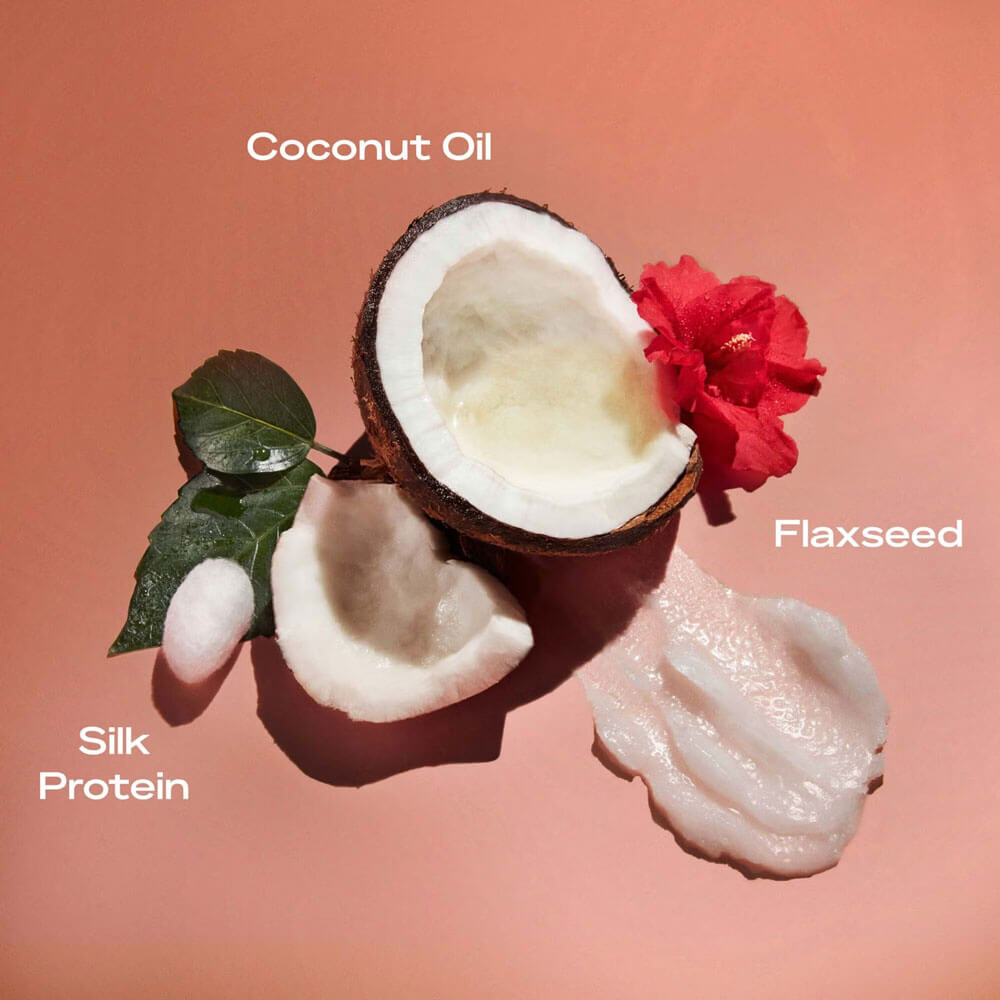 Coconut, flaxseed, and silk protein with a red flower on a peach background