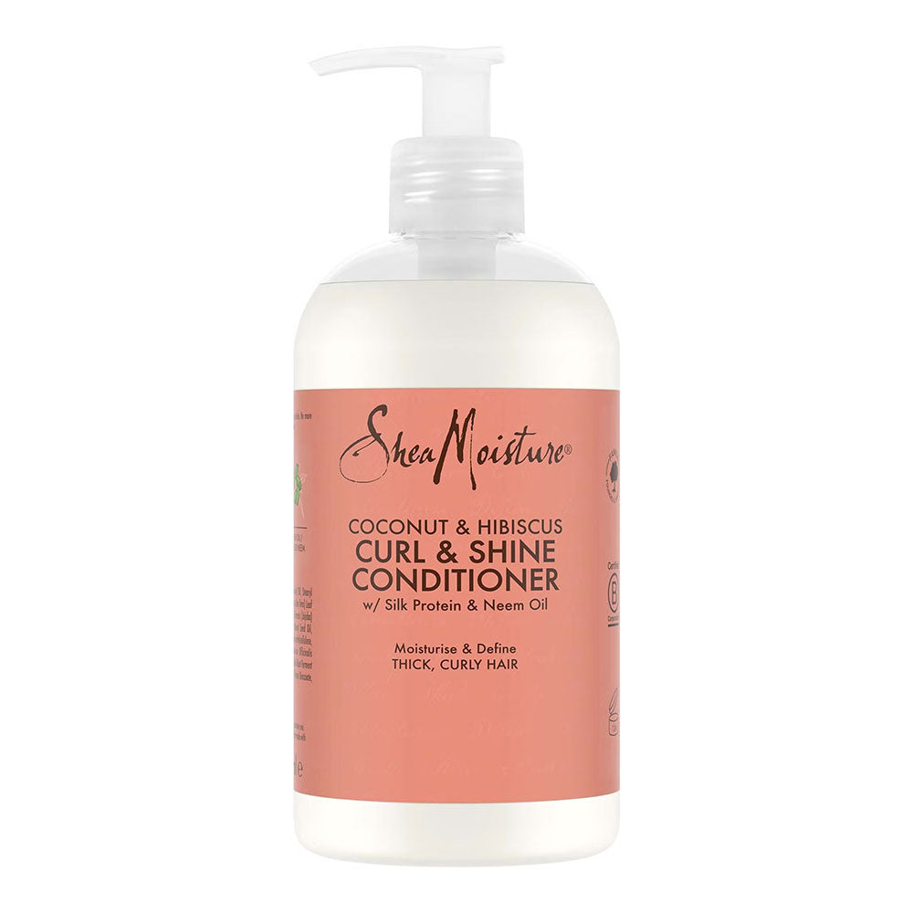 SheaMoisture Coconut & Hibiscus Curl & Shine Conditioner bottle on a white background