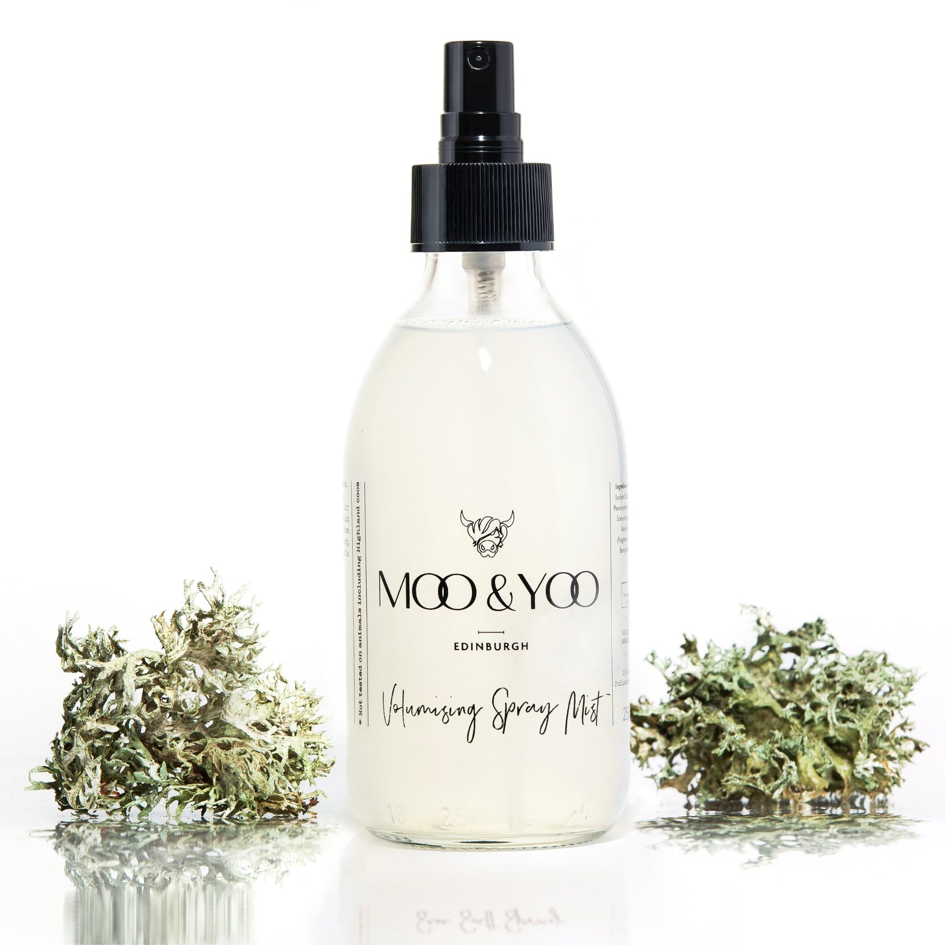 Moo & Yoo volumising spray mist bottle with dried herbs on a white background
