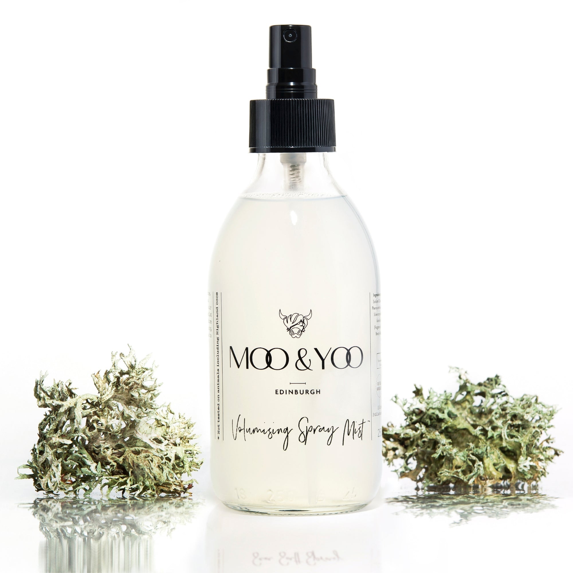 Moo & Yoo volumising spray mist bottle with dried herbs on a white background
