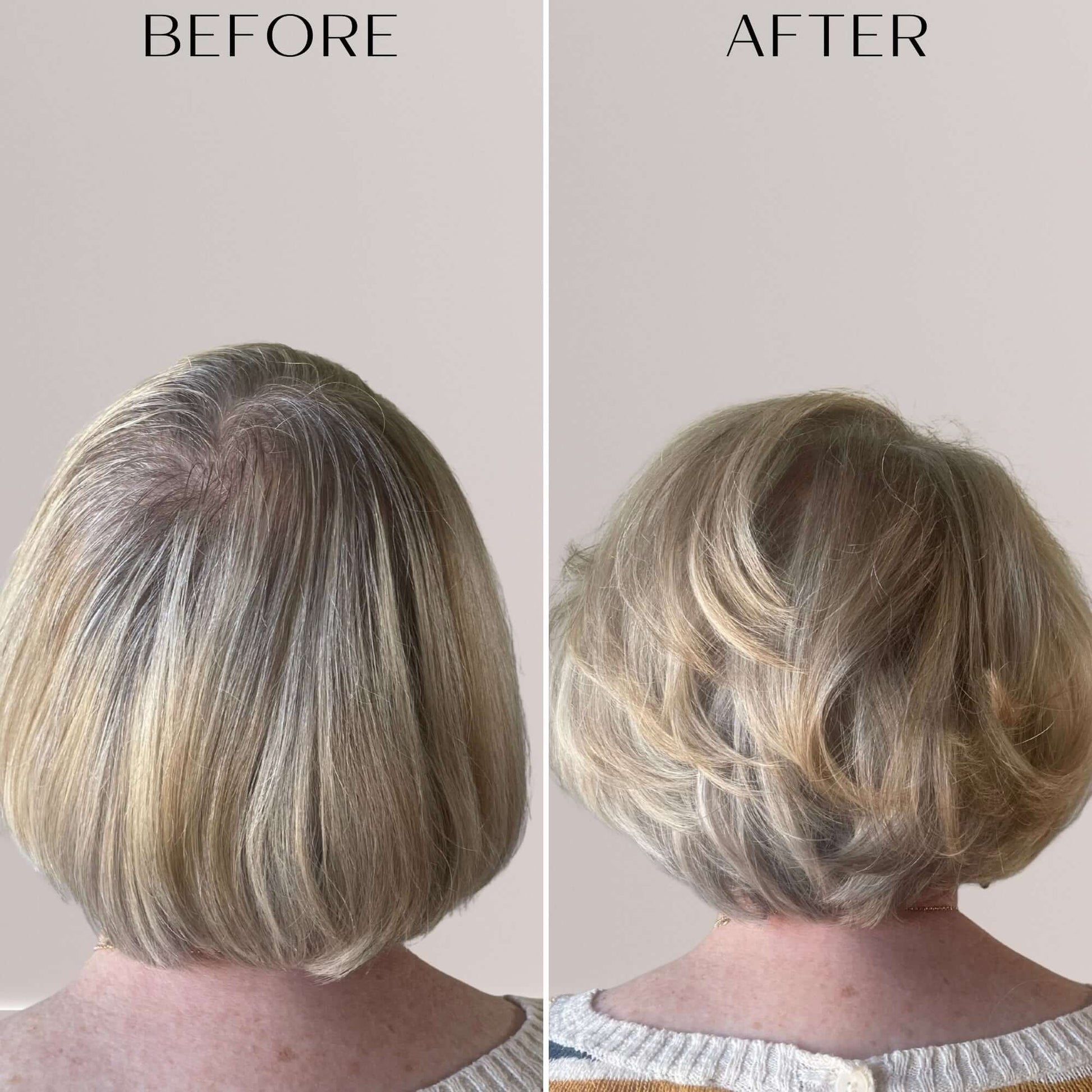Before and after comparison of a haircut with a plain background