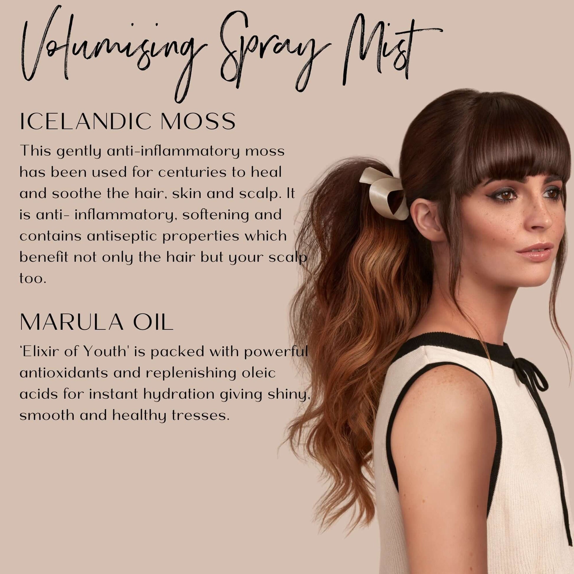 Woman with styled hair featuring Icelandic moss and marula oil text on a beige background