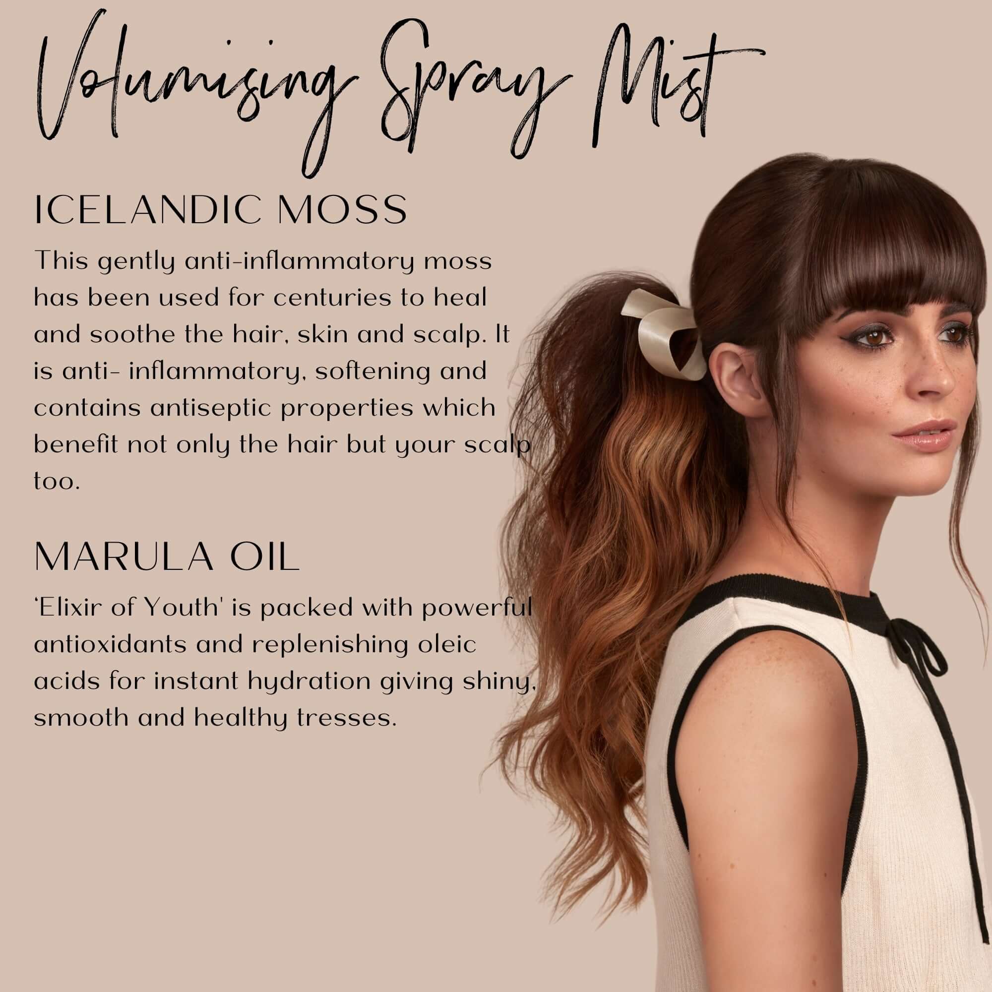 Woman with styled hair featuring Icelandic moss and marula oil text on a beige background