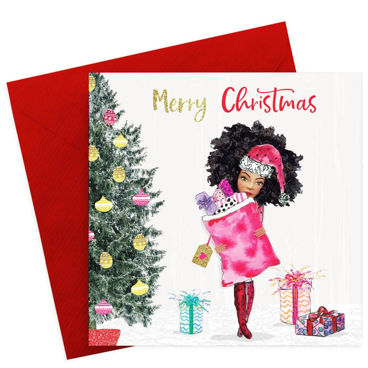 Candy Rays Christmas Card Woman and Presents