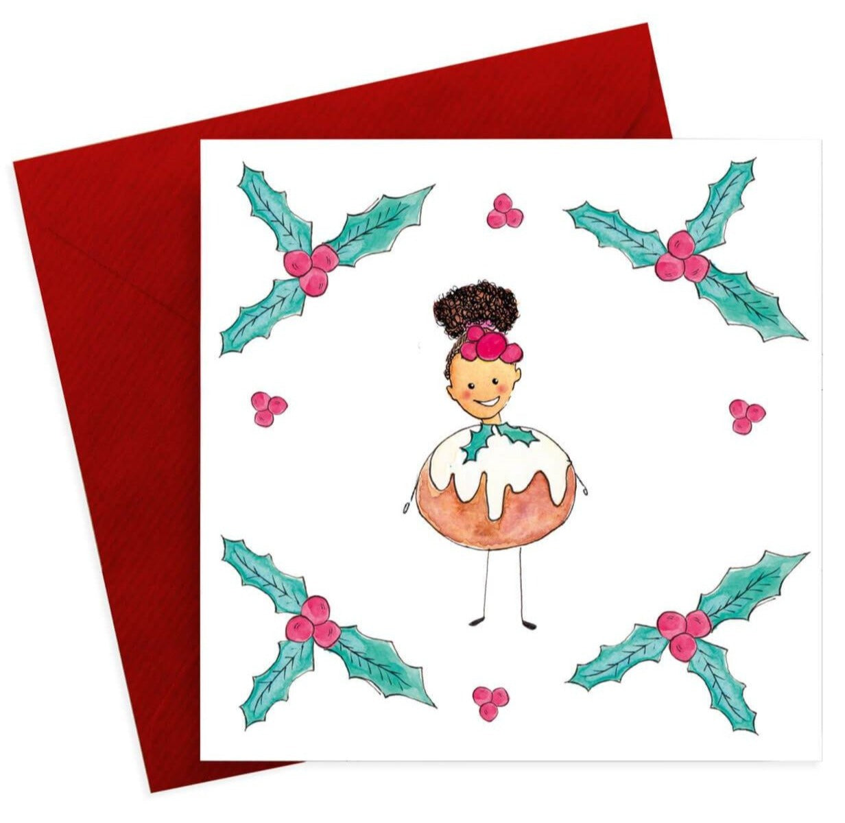 Little Girl Watercolour Christmas Pudding Card